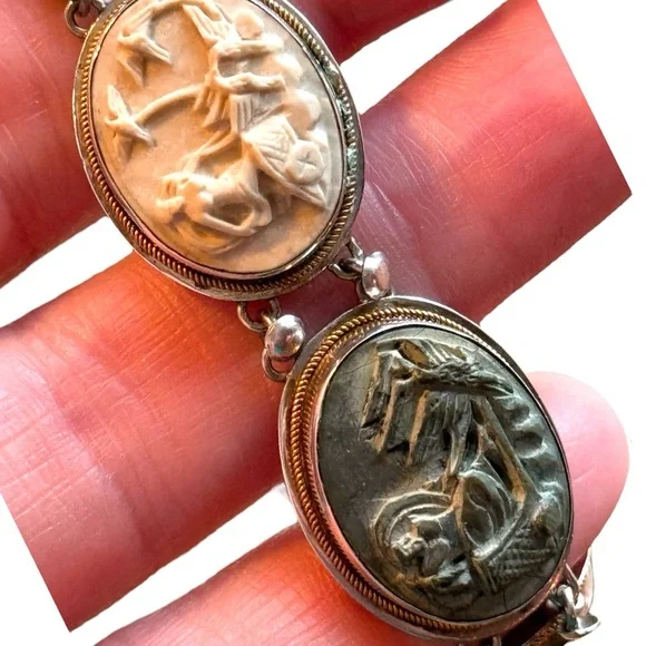 Antique Bracelet Stone Cameo 800 Silver Victorian Lava RARE Seven Days Chariots - Picture 8 of 14